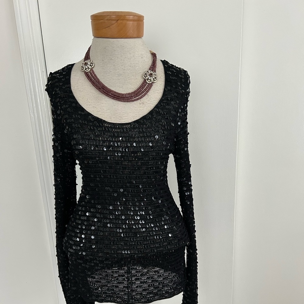 INC International Concepts Sexy Full Sequined Black Long Sleeve Pullover Top